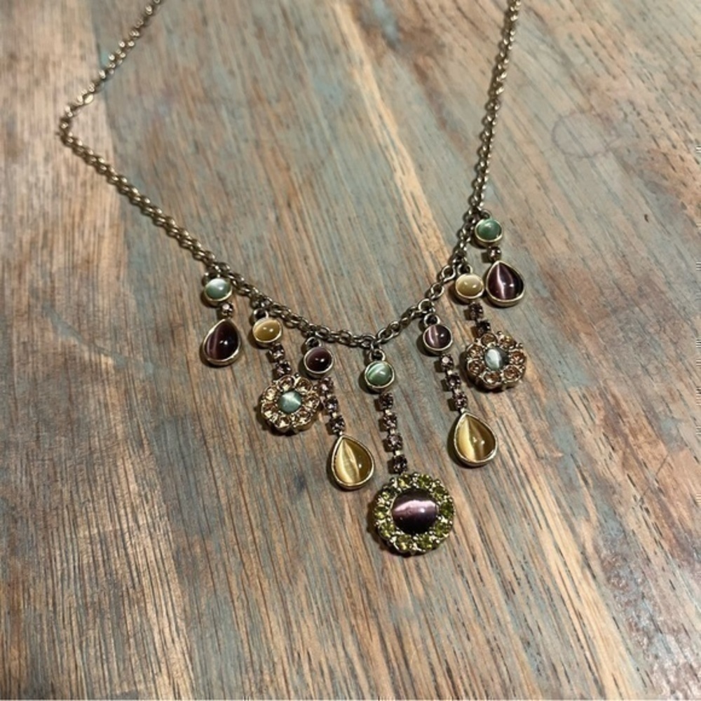 Vintage Y2K Multicolor Rhinestone Teardrop Dangle Statement Necklace - Picture 3 of 5